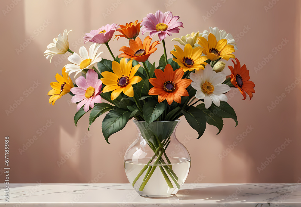 Bouquets of flowers in a vase in a decorative space with a pastel background Bouquets of flowers in a vase in a decorative space with a pastel background