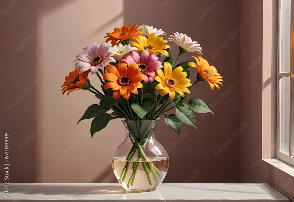 Bouquets of flowers in a vase in a decorative space with a pastel background Bouquets of flowers in a vase in a decorative space with a pastel background