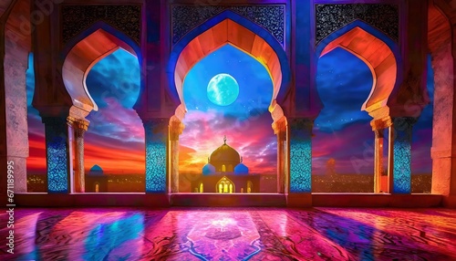 Moonlight shine through the window into islamic interior mosque  photo