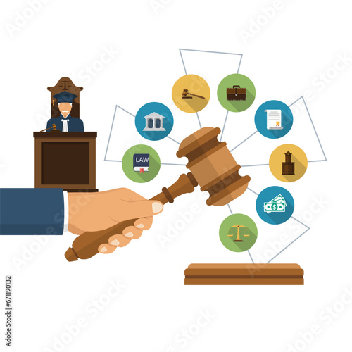 Law concept. The judge holds the gavel of justice in hand. Icons symbols of law and justice. Legal aid template. Vector illustration flat design. Isolated on white background.