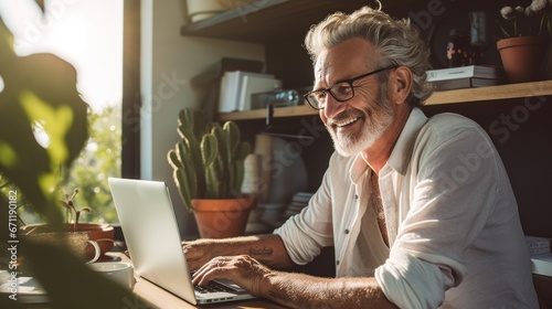A happy pensioner man sits in his home office at a computer, works as a freelancer, or communicates via video on the Internet. Life style of elderly people concept.