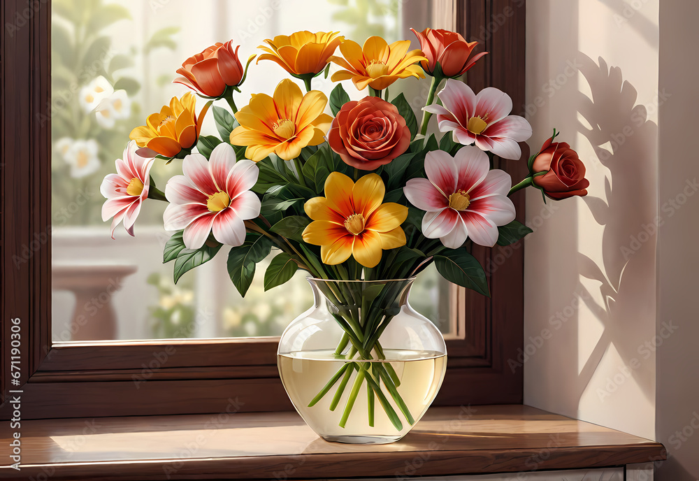 Bouquets of flowers in a vase in a decorative space with a pastel background Bouquets of flowers in a vase in a decorative space with a pastel background