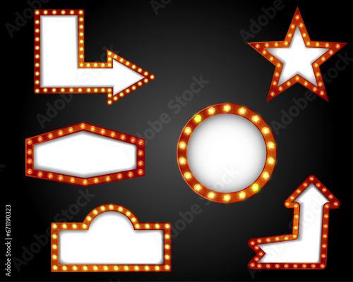 Retro lightboxes, cinema signs or billboard signage. Vector movie theater light frames. Retro lightboxes and signboards for circus show, Vegas casino club, vintage light bulb boxes, banners