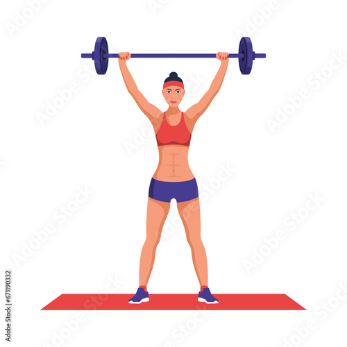 The girl lifts the barbell. Fitness woman doing exercises with a heavy discs. Young girl gym exercise sport athletet. Sports lifestyle. Vector illustration flat design. Attractive athletic female.