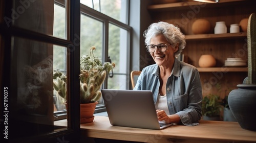 A happy pensioner woman sits in his home office at a computer, works as a freelancer, or communicates via video on the Internet. Life style of elderly people concept. photo