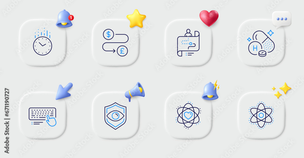 Computer keyboard, Time and Atom line icons. Buttons with 3d bell, chat speech, cursor. Pack of Vitamin h, Chemistry atom, Eye detect icon. Journey path, Money transfer pictogram. Vector Computer keyboard, Time and Atom line icons. Buttons with 3d bell, chat speech, cursor. Pack of Vitamin h, Chemistry atom, Eye detect icon. Journey path, Money transfer pictogram. Vector