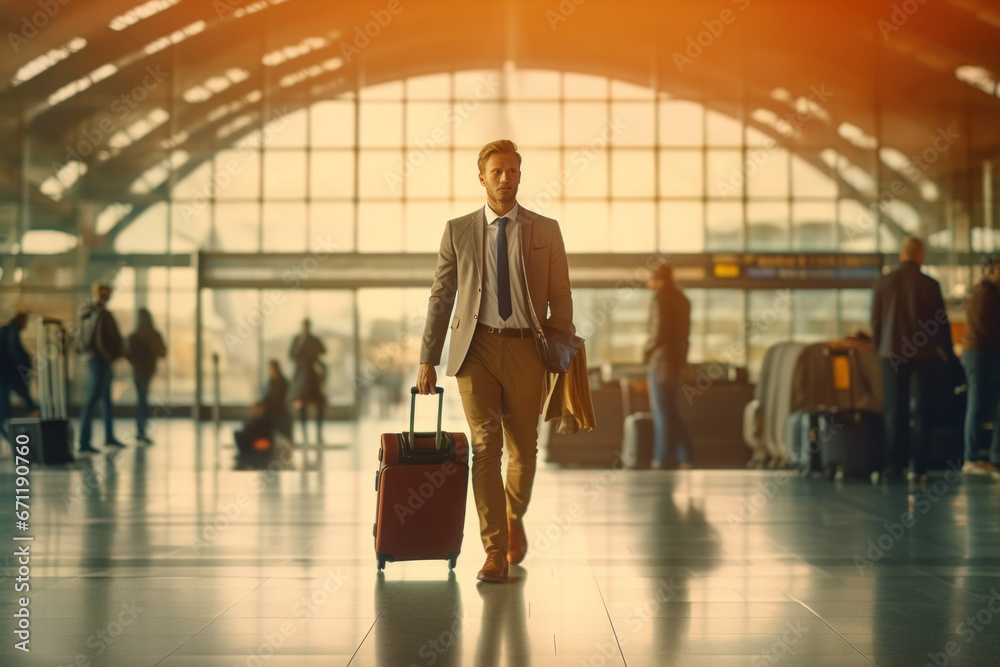 Handsome young man carries a suitcase in the airport Male businessman traveling by plane