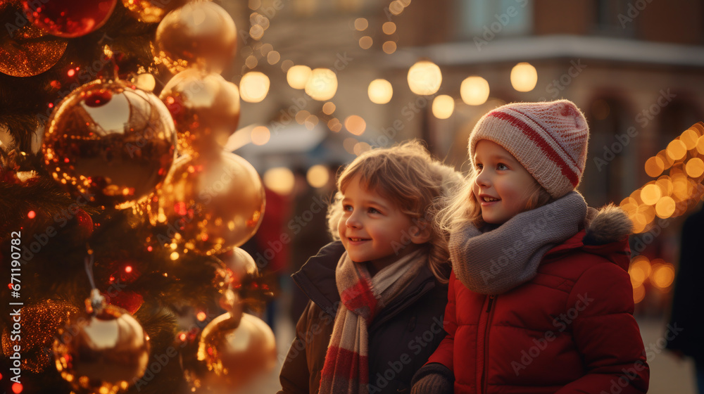 Small children walk along a street decorated with Christmas decorations.Concept for celebrating Christmas and New Year holidays. Small children walk along a street decorated with Christmas decorations.Concept for celebrating Christmas and New Year holidays.