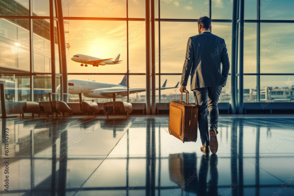 Rear view of young business man carrying a suitcase in the airport Male businessman traveling by plane