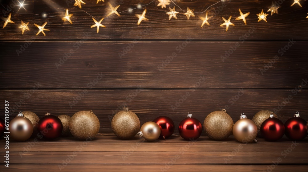 Naklejka premium Christmas decoration with copy space on a rustic wooden table stock photo