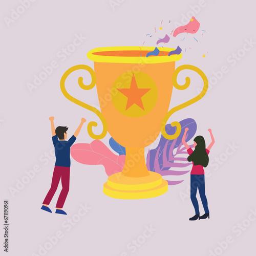 Business Team Success Concept People Celebrating Success With Giant Golden Trophy Achievement , Business competition win vector