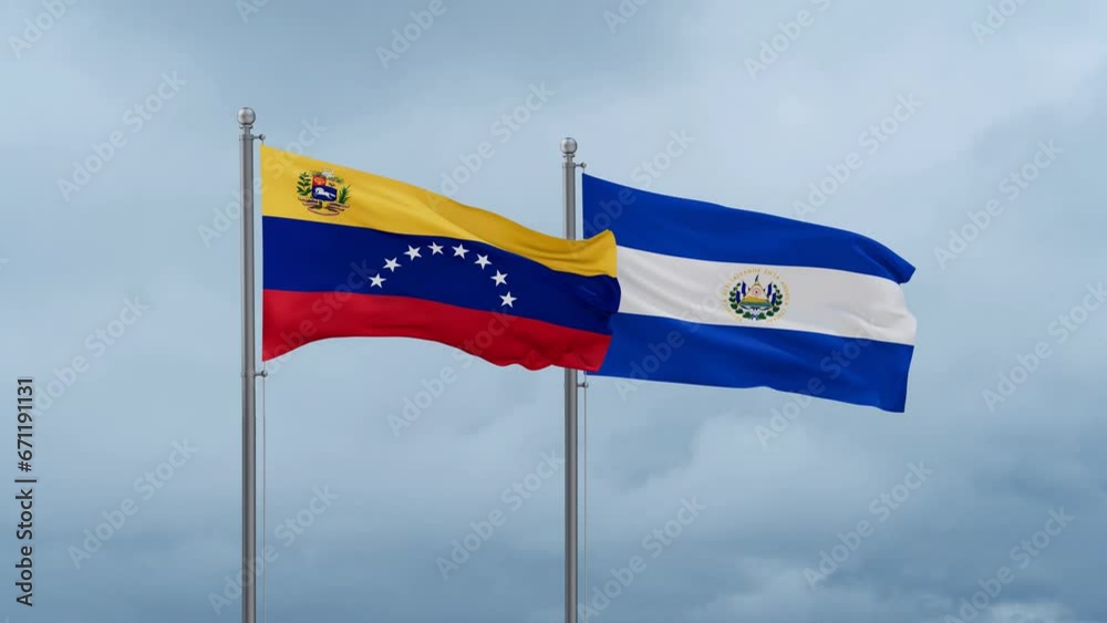 Republic of El Salvador and Venezuela flag waving together on cloudy sky, endless seamless loop, two country cooperation concept