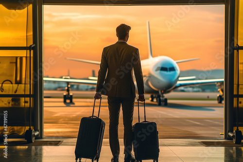 Rear view of young business man carrying a suitcase in the airport Male businessman traveling by plane photo