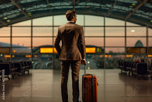 Rear view of young business man carrying a suitcase in the airport Male businessman traveling by plane