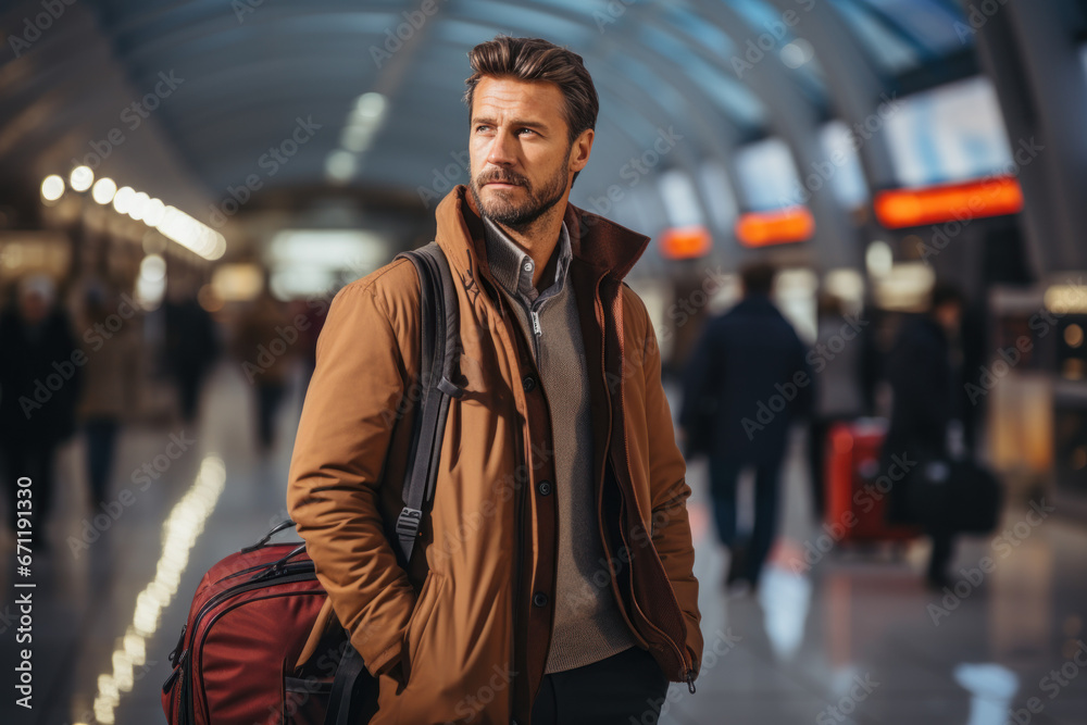 Handsome young man carries a suitcase in the airport Male businessman traveling by plane Handsome young man carries a suitcase in the airport Male businessman traveling by plane