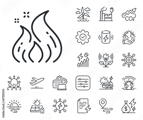 Flame sign. Energy, Co2 exhaust and solar panel outline icons. Fire energy line icon. Ecology symbol. Fire energy line sign. Eco electric or wind power icon. Green planet. Vector