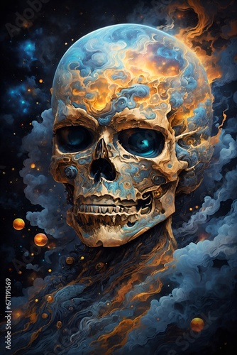 A skull with smoke and clouds