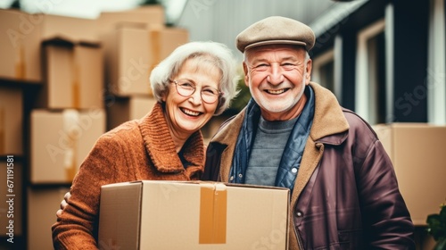 Happy retired couple moving from apartment to new house, packing and unpacking things into boxes for movers photo