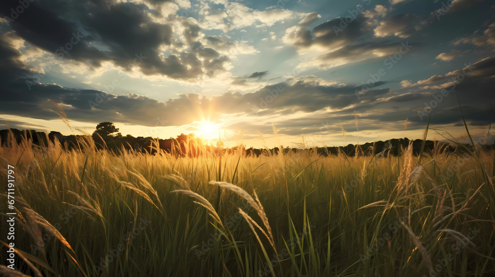 a field of tall grass with the sun in the background and a sky background with clouds and sunbeams