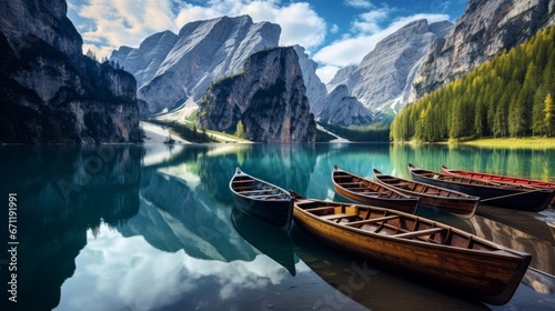 Boats peacefully drifting on the serene waters of Braies Lake, also known as Pragser Wildsee, nestled in the picturesque Dolomites mountains of Sudtirol, Italy photo