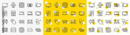 Motherboard, CPU, Internet cables icons. Computer components, Laptop, SSD line icons. Wifi router, computer monitor, Graphic card. Keyboard, SSD device. Internet cables, laptop components. Vector