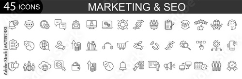  Marketing and Seo line icons set.  Website, mail, content, strategy, analysis, development, search. Vector.
