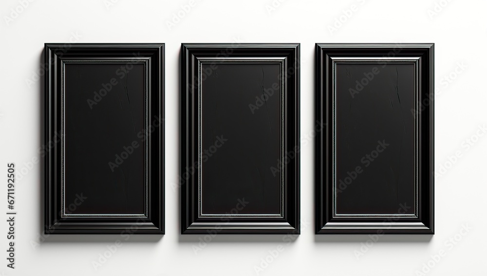 Three black picture frames on white wall Three black picture frames on white wall