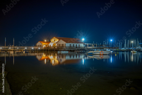 Nautical Club on La Concha beach in Los Alcazares, Region of Murcia with artificial light at night