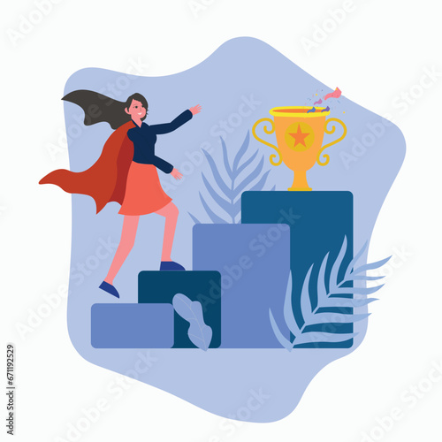 Businesswoman is about to reach to her goal , young woman standing with business award , female holding a victory trophy prize , Win contest Illustration