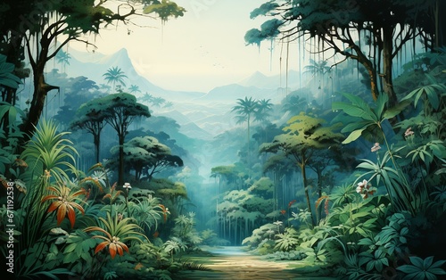 Watercolor Illustration Featuring Tropical Rainforest, Watercolor Art