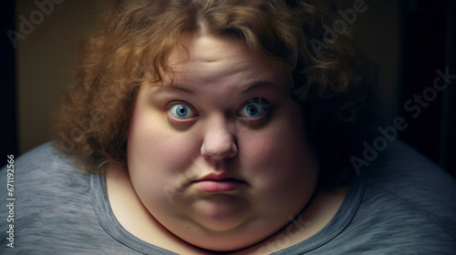 Portrait of obese caucasian woman with wide eyes and curly hair