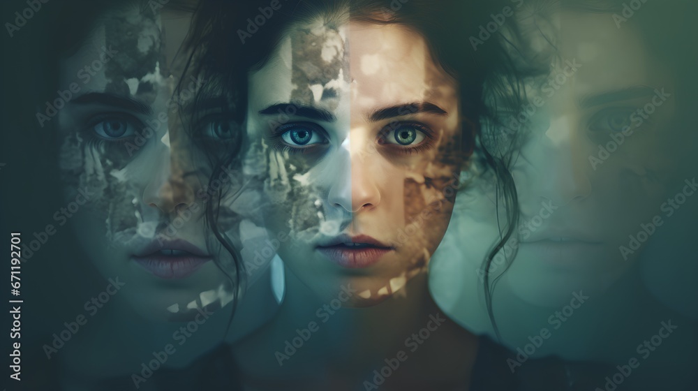 Distressed woman with bipolar disorder, schizophrenia, depression, and split personality disorder. Psychological conditions struggle with mental illnesses. - obrazy, fototapety, plakaty 