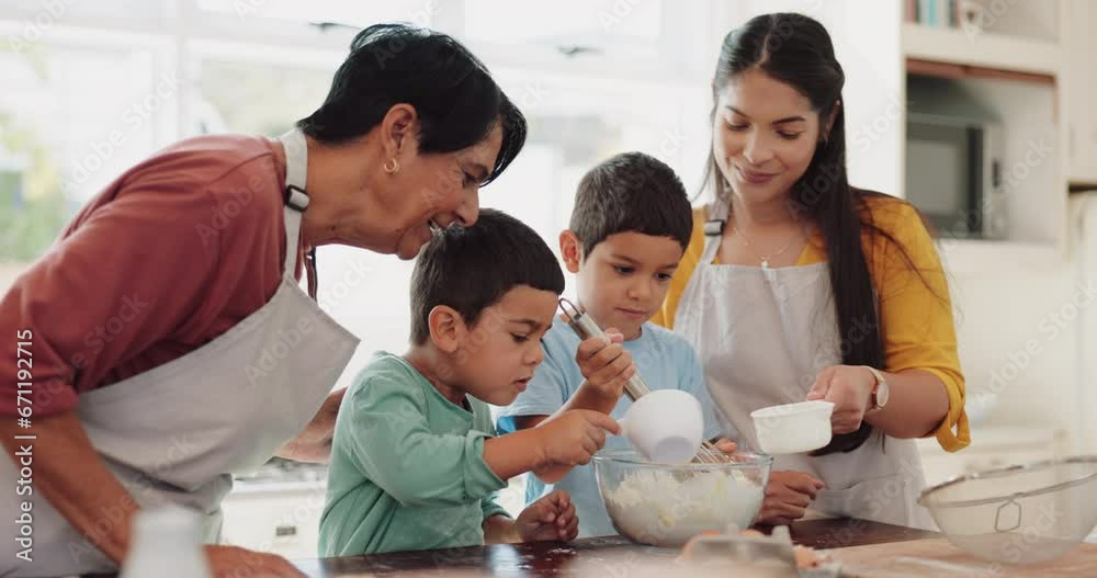 Grandma, teaching or children baking with mom in kitchen learning cooking recipe in family home. Siblings, development or happy grandmother helping kids siblings with flour bowl for cookies or food Grandma, teaching or children baking with mom in kitchen learning cooking recipe in family home. Siblings, development or happy grandmother helping kids siblings with flour bowl for cookies or food