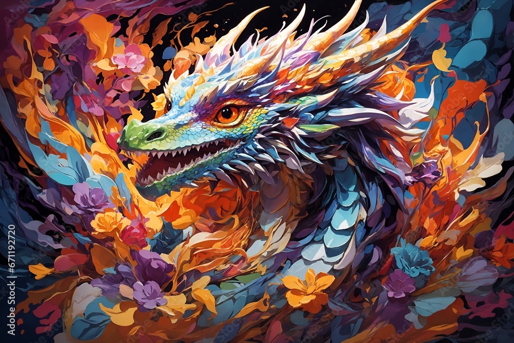 Fototapeta premium A colorful dragon with sharp horns, abstraction
