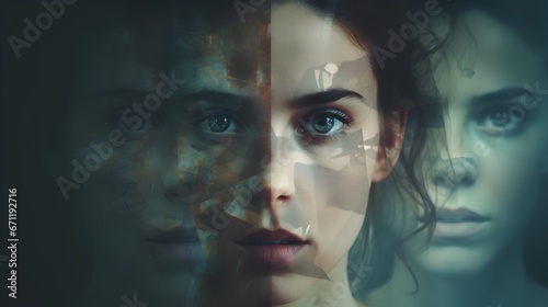 Distressed woman with bipolar disorder, schizophrenia, depression, and split personality disorder. Psychological conditions struggle with mental illnesses. photo
