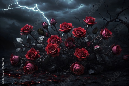 A group of roses with lightning in the background