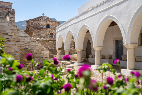 Flowers in courtyard of Panagia Ekatontapiliani in Paros