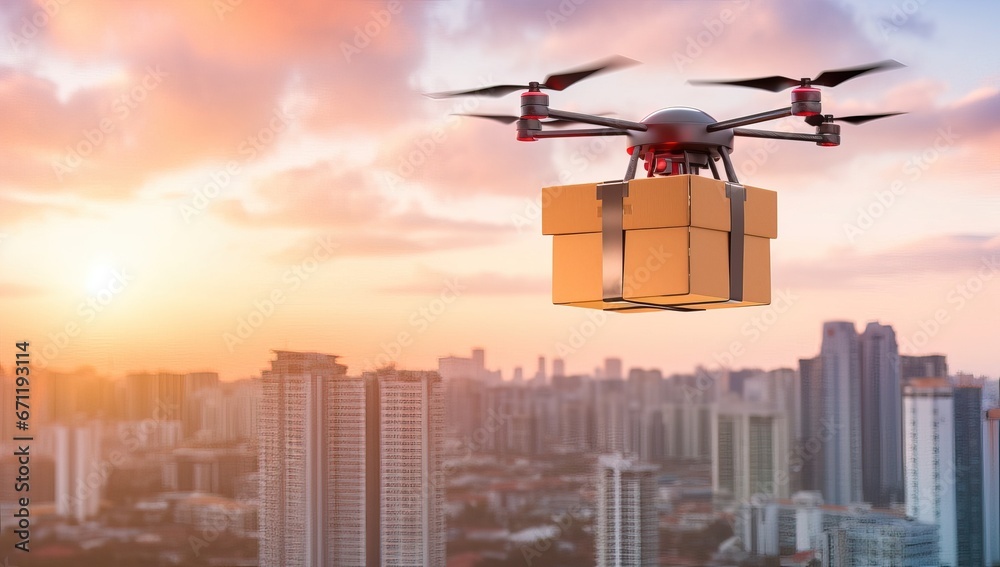 Drone delivering package over city skyline Drone delivering package over city skyline