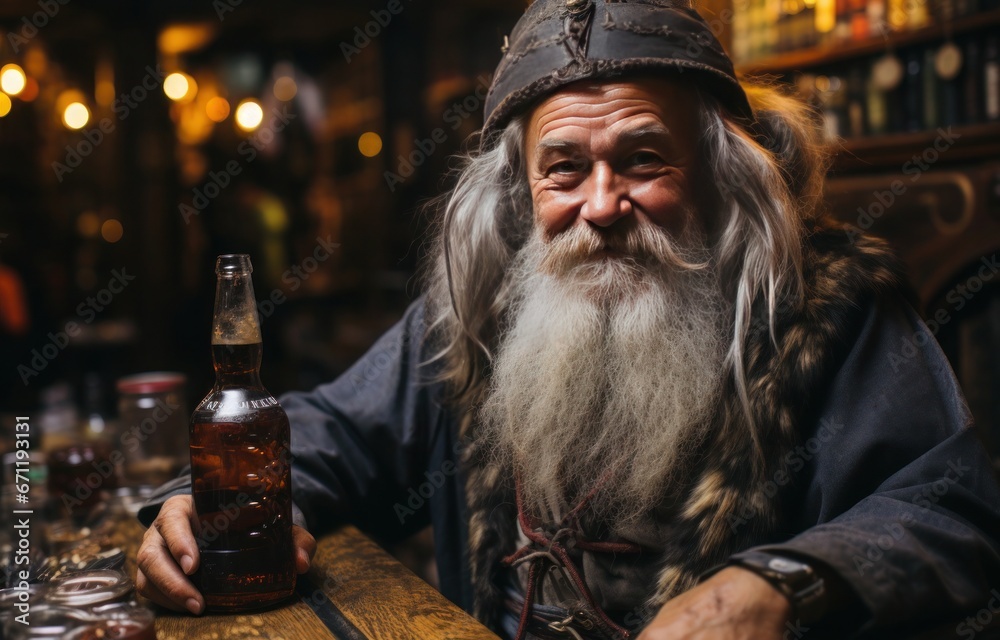 A man, characterized by his long white beard, sits at the bar and enjoys a glass of beer A man, characterized by his long white beard, sits at the bar and enjoys a glass of beer