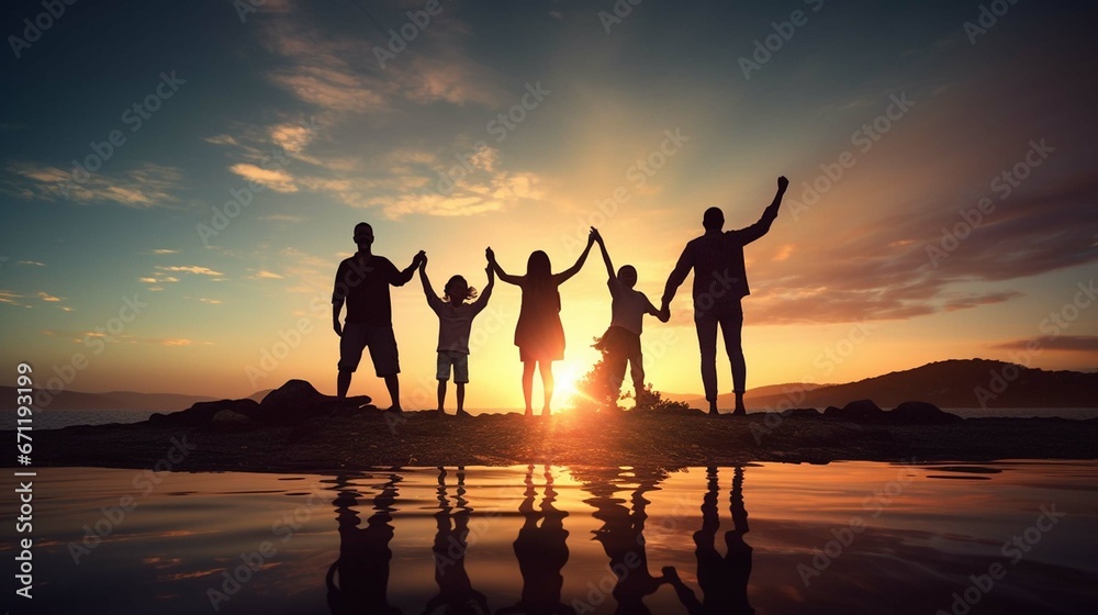 Silhouette Happy family people group celebrate jump for a good life on weekend concept for win the victory, person faith in financial freedom healthy wellness - obrazy, fototapety, plakaty 