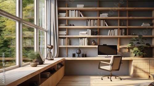 modern home office interior with windows built in wooden shelves and laptop placed on desk