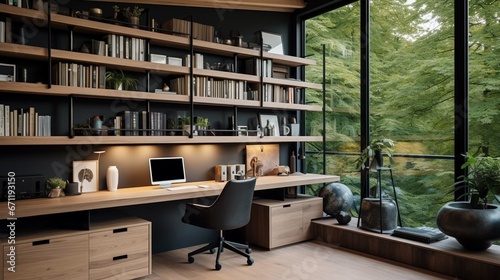 modern home office interior with windows built in wooden shelves and laptop placed on desk photo