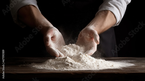 Hands of a male baker working with flour, preparing to make fresh dough to bake bread and pastries. Traditional cuisine.