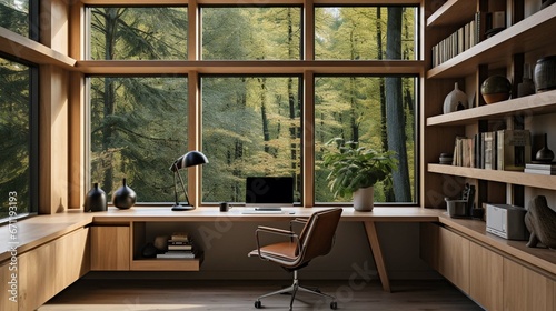 modern home office interior with windows built in wooden shelves and laptop placed on desk © Ahtesham