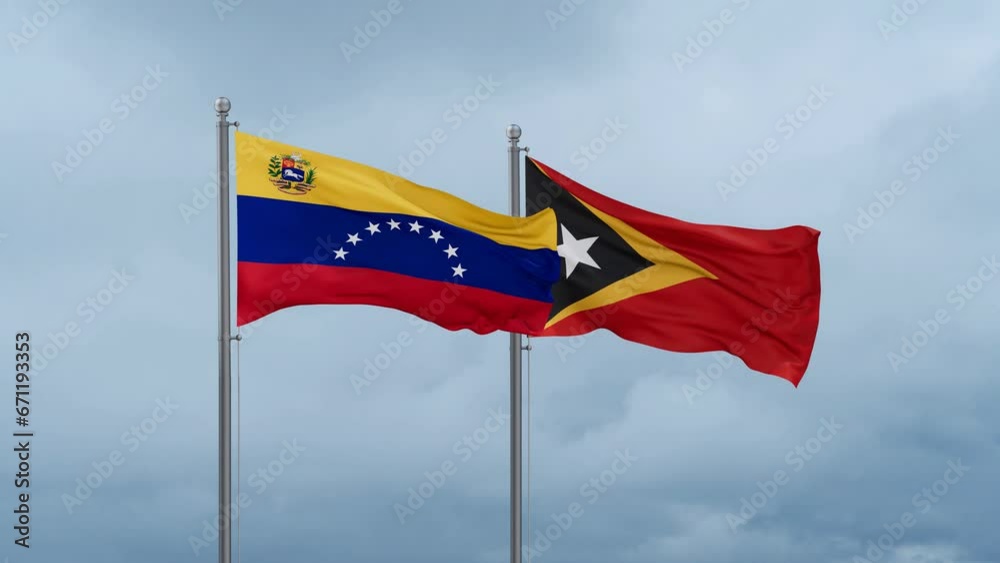 East Timor and Venezuela flag waving together on cloudy sky, endless seamless loop, two country cooperation concept East Timor and Venezuela flag waving together on cloudy sky, endless seamless loop, two country cooperation concept