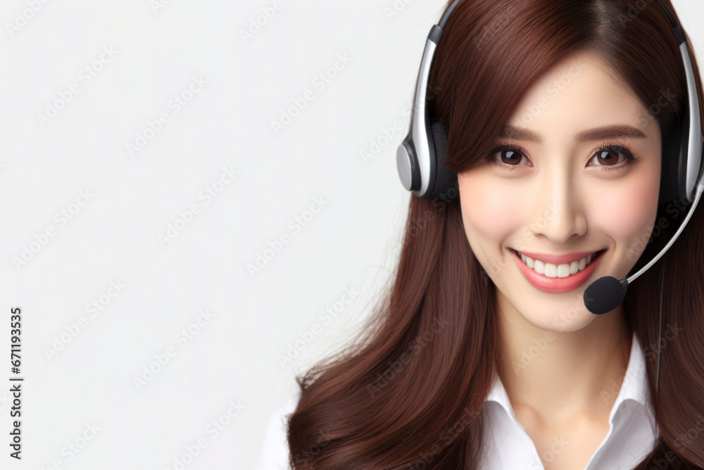 a woman with a call center headset smiling on white background. ai generative