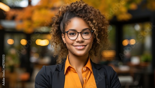 Portrait of young businesswoman in eyeglasses smiling at camera in cafe