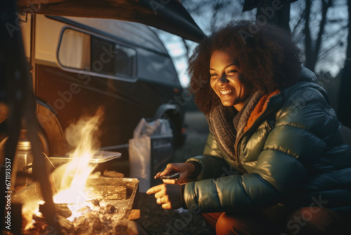 Afro-American woman preparing fire next to her camper car.
