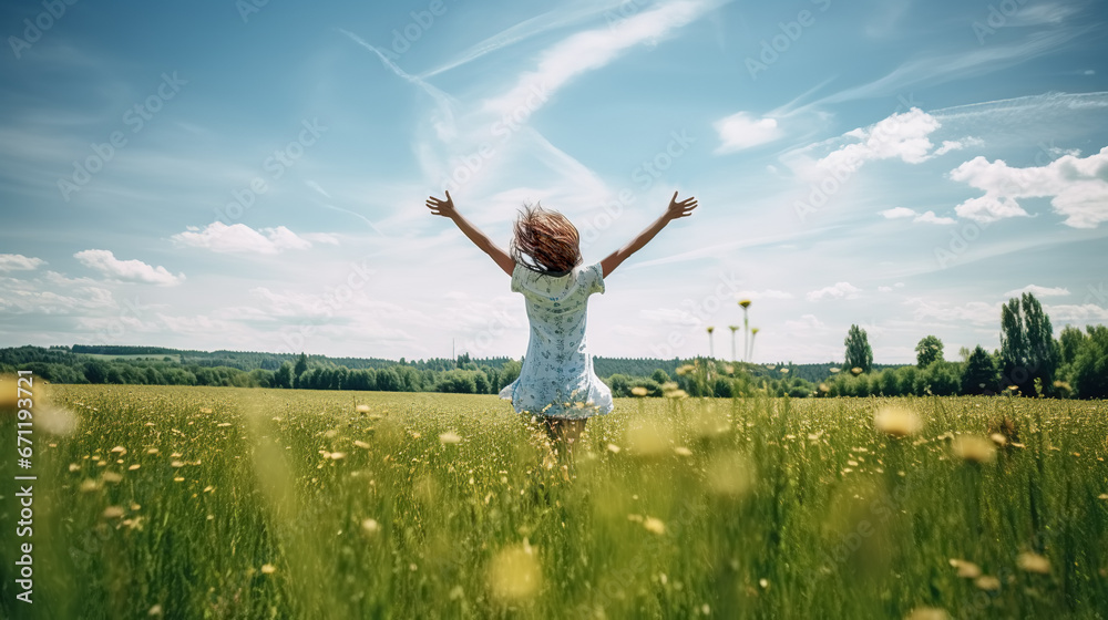 Carefree young woman in white summer dress enjoying the freedom in the vast blooming field. Happy girl with spread arms running in the green field. Carefree young woman in white summer dress enjoying the freedom in the vast blooming field. Happy girl with spread arms running in the green field.