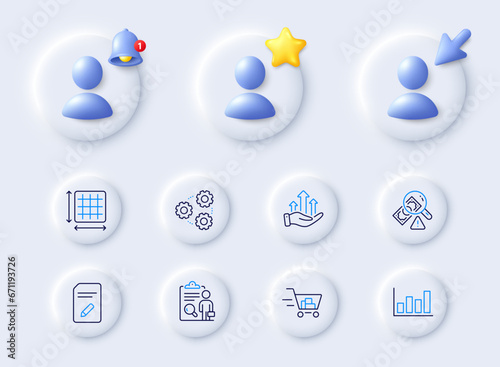 Report diagram, Edit document and Square area line icons. Placeholder with 3d cursor, bell, star. Pack of Fraud, Inspect, Gears icon. Shopping cart, Growth chart pictogram. Vector